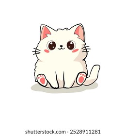 Gato de dibujos animados mullido lindo con grandes ojos redondos y una expresión feliz. Adorable ilustración al estilo kawaii de un gatito gordito de color crema con mejillas rosadas, perfecto para productos y diseños infantiles.