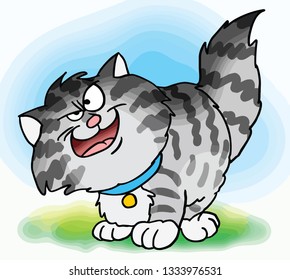 Cute fluffy cartoon cat looking wisely vector illustration