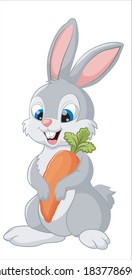 cute and fluffy cartoon character bunny, rabbit with a carrot in his hands. Flat vector illustration of animal for kids