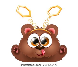 Cute fluffy cartoon funny little brown bear with honeycomb headband.