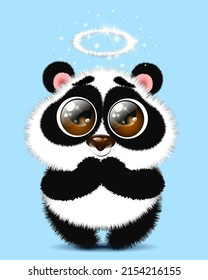 Cute fluffy cartoon funny little Panda angel with nimbus pray.