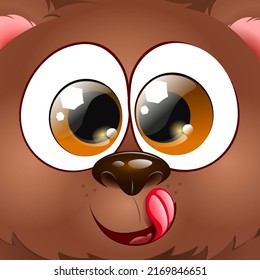 Cute fluffy cartoon funny little brown bear licking lips square head.