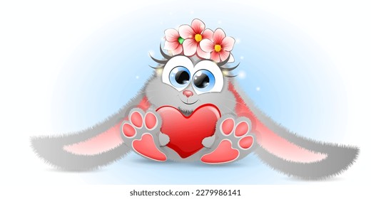 Cute fluffy cartoon grey Bunny with big red heart and wreath of flowers.