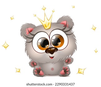 Cute fluffy cartoon little bear princess with crown.