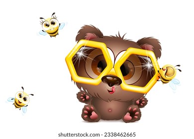 Cute fluffy cartoon little funny bear with honeycomb eyeglasses and three happy bees.