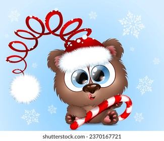 Cute fluffy cartoon little funny bear Santa with Christmas candy cane.