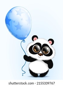 Cute fluffy cartoon little Panda with blue balloon.