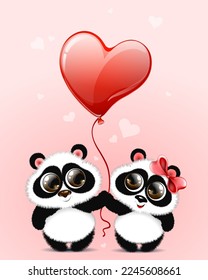 Cute fluffy cartoon little Panda girl and boy in love with red heart balloon. Valentine's day card