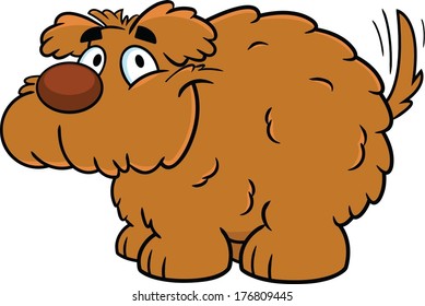 Cute fluffy cartoon vector dog, smiling with tail wagging. 