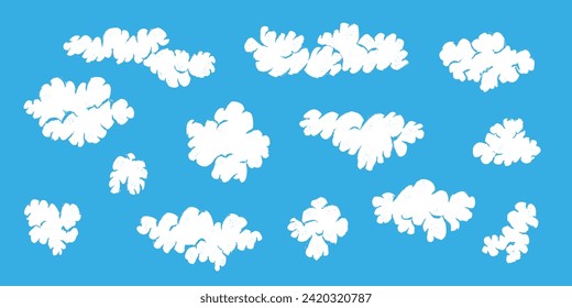 Cute fluffy cartoon white linocut textured clouds. Retro comic cloud elements for kids print design, patterns, stickers, apps and books decoration