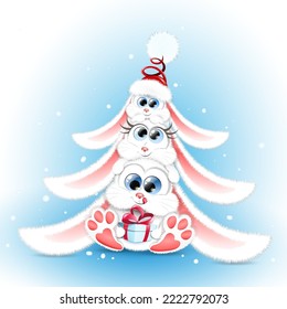 Cute fluffy cartoon white rabbit family sitting one on each other making Christmas tree shape in Santa hat with little gift Christmas box.