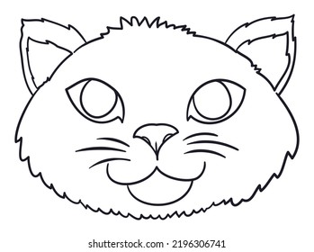 Cute and fluffy cat face drawing in outlines for coloring activities.