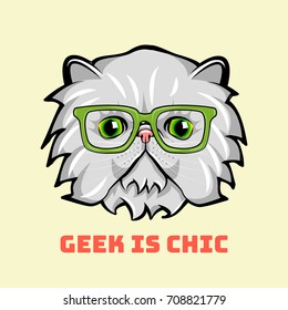 Cute fluffy cat face. Geek character. Nerd Glaasses. Vector Illustration isolated on white background