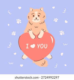 A cute fluffy cat holds a large heart with a declaration of love in its paws. A charming cartoon-style pet. Design for a greeting card, Valentine's card, or pet day card.