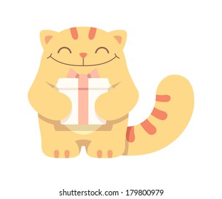 Cute fluffy cat with a present. Illustration.