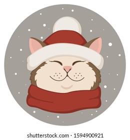 Cute fluffy cat in red hat and scarf closed his eyes and enjoys the falling snow. 
Greeting card with a cat. Vector cartoon illustration isolated on white background