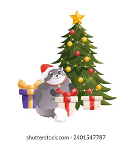 A cute fluffy cat in a Santa hat under a Christmas tree surrounded by gift boxes. Festive vector illustration for a cartoon-style postcard