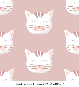 Cute fluffy cat seamless pattern, kitten muzzle. Cartoon doodle vector illustration. Kid, girl texture, background, wallpapers, ornament. Childish design of wrapping paper, fabric, textile, print
