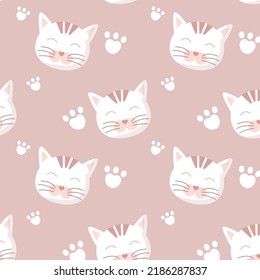 Cute fluffy cat seamless pattern, kitten muzzle with paws. Cartoon doodle vector illustration. Kid texture, background, wallpapers, ornament. Childish design of wrapping paper, fabric, textile, print