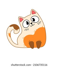 Cute fluffy cat sits with his head tilted. Cartoon white cat with red and brown spots. Happy pet. Vector illustration isolated on white background.