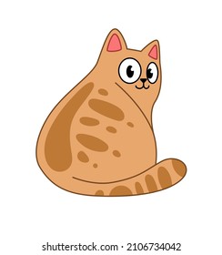 Cute fluffy cat sitting. A cartoon red cat with spots on its back turns around. Happy pet. Vector illustration isolated on white background.