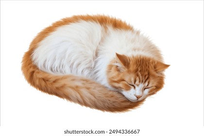 cute fluffy cat sleeping curled up, realistic vector illustration isolated on white background