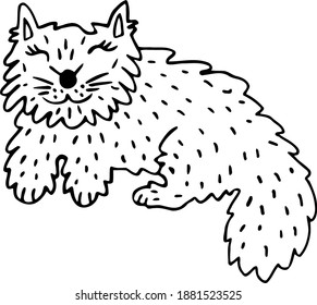 The cute fluffy cat is sleeping. Vector clip art for children in cartoon style.