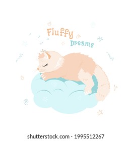 A cute fluffy cat with a tiara is sleeping on a cloud. Illustration of the concept of a baby animal for the decoration of a room, kindergarten, character for children
