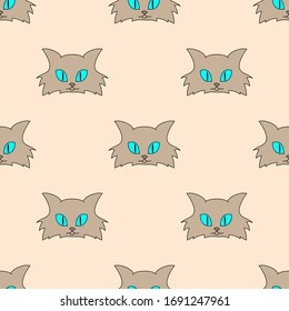 Caras mullidas de gatos sobre fondo rosa claro: patrón transparente, gráficos vectoriales.