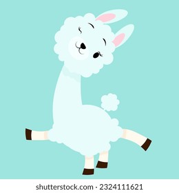 Cute fluffy cheerful alpaca on a blue background