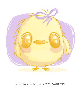 Lindo pollo esponjoso con un arco sobre un fondo púrpura. Ilustración vectorial de dibujos animados para niños para el diseño de postales, postales para imprimir, textiles, pegatinas