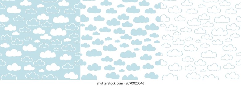 Cute fluffy cloud seamless pattern set. Cute cartoon sky background design in blue and white colors.