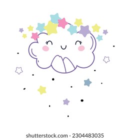 Cute Fluffy Cloud with Smiling Face and Stars Around Vector Illustration