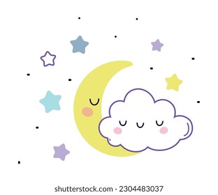 Cute Fluffy Cloud with Smiling Face and Yellow Crescent in Starry Night Sky Vector Illustration