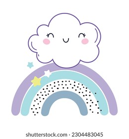 Cute Fluffy Cloud with Smiling Face and Purple Rainbow with Stars Vector Illustration