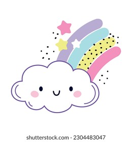 Cute Fluffy Cloud with Smiling Face and Colorful Rainbow with Stars Vector Illustration