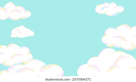 Cute fluffy clouds and blue sky background, hand drawn illustration with colored pencil texture