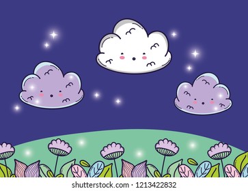 cute fluffy clouds with flowers and stars