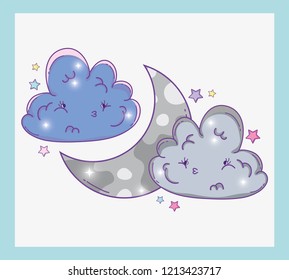 cute fluffy clouds with moon and stars