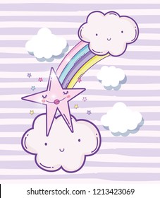cute fluffy clouds with rainbow and beauty star