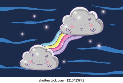 cute fluffy clouds with rainbow and stars