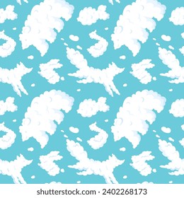 Cute fluffy clouds similar to animals. Kids seamless pattern. Childish dreams and imagination. White bear and rabbit. Cloudy mammals. Fox and bird. Blue sky. Garish