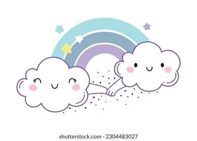 Cute Fluffy Clouds with Smiling Face Holding Hands with Rainbow Behind Vector Illustration