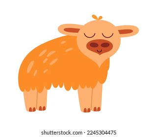 Cute fluffy cow flat icon Funny domestic animal. Vector illustration