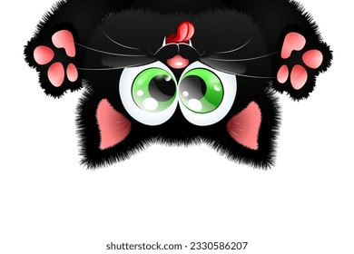 Cute fluffy crazy little black cartoon cat with tongue out, hanging upside down.