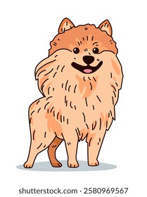 Cute fluffy dog cartoon style illustration with happy expression and detailed fur in warm tones on white background pet character design