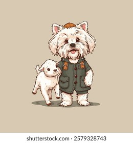 A cute, fluffy dog dressed in a green jacket and a small brown hat, standing beside an adorable white lamb. The illustration has a warm, friendly, and charming feel with soft colors and a gentle style