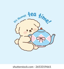 Cute Fluffy Dog Holding a Teapot Illustration