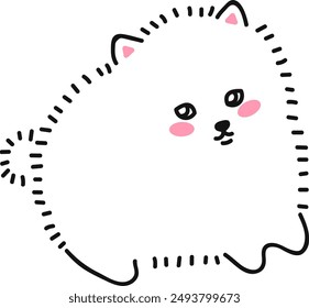 Cute fluffy dog, spitz puppy pomeranian spitz. Small funny dog. Doodle drawing by hand. Linear graphics. Vector illustration isolated on transparent background.