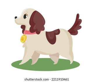 Cute Fluffy Dog. Toy Or Mascots For Children. Graphic Element For Printing On Fabric, Poster Or Banner For Website. Best Friend, Pet With Collar And Gold Medallion. Cartoon Flat Vector Illustration